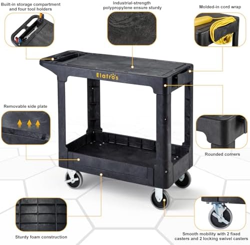 Heavy Duty Plastic Flat Top Utility Work Cart, 37 x 18.8 in, Black in Black, alternate view 4