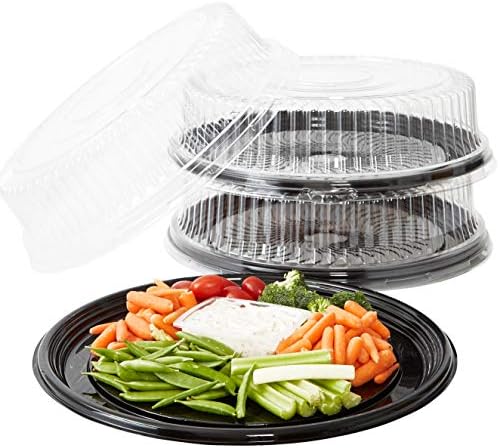 Heavy Duty, Recyclable 16 in. Serving Tray and Lid 3pk. Large, Black Plastic Party Platters with Clear Lids