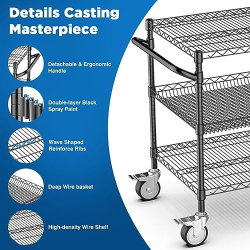 Heavy Duty Rolling Utility Cart, 45 Inch Kitchen Carts with Wheels, NSF Commercial Grade with Handle & Shelf, alternate view