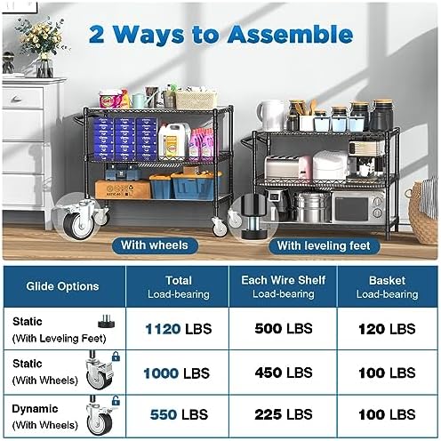 Heavy Duty Rolling Utility Cart, 45 Inch Kitchen Carts with Wheels, NSF Commercial Grade with Handle & Shelf, alternate view