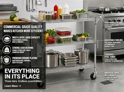Heavy Duty Rolling Utility Kitchen Cart on Wheels, Chrome Serving Cart Commercial Grade with Wire Shelving and, alternate