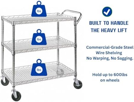 Heavy Duty Rolling Utility Kitchen Cart on Wheels, Chrome Serving Cart Commercial Grade with Wire Shelving and, alternate