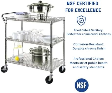 Heavy Duty Rolling Utility Kitchen Cart on Wheels, Chrome Serving Cart Commercial Grade with Wire Shelving and, alternate