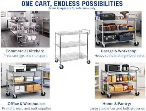 Heavy Duty Rolling Utility Kitchen Cart on Wheels, Chrome Serving Cart Commercial Grade with Wire Shelving and, alternate