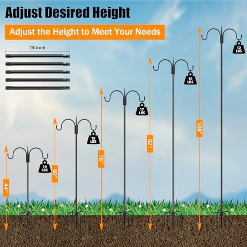Heavy Duty Shepherds Hook 2 Pack 108" Double Hooks Adjustable (44/60/76/92/108") - Metal 5-Prong Base, 12lb, alternate view 3