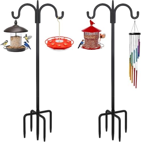 Heavy Duty Shepherds Hook 2 Pack 63" Double Hooks Adjustable (47/63") - Metal 5-Prong Base, 12lb Capacity - Easy