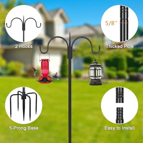 Heavy Duty Shepherds Hook 2 Pack 63" Double Hooks Adjustable (47/63") - Metal 5-Prong Base, 12lb Capacity - Easy, alternate