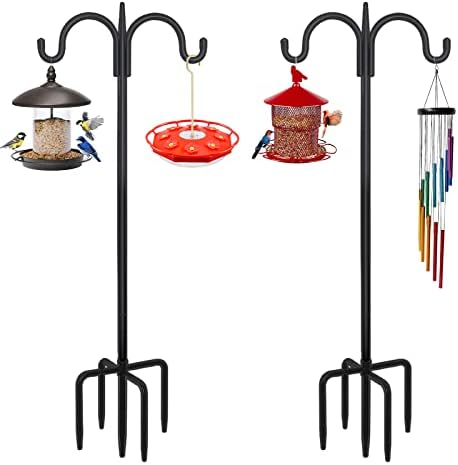 Heavy Duty Shepherds Hook 2 Pack 76" Double Hooks Adjustable (44/60/76") - Metal 5-Prong Base, 17lb Capacity