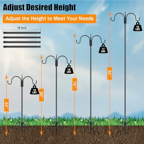 Heavy Duty Shepherds Hook 2 Pack 92" Double Hooks Adjustable (44/60/76/92") - Metal 5-Prong Base, 15lb Capacity, alternate