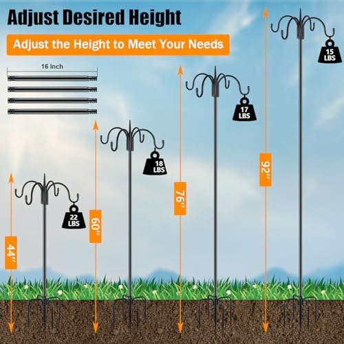 Heavy Duty Shepherds Hook 2 Pack 92" Four Hooks Adjustable (44/60/76/92") - Metal 5-Prong Base, 17lb Capacity, alternate view