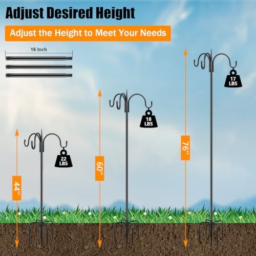 Heavy Duty Shepherds Hook 76" Triple Hooks - Metal 5-Prong Base, Adjustable (44/60/76") - 17lb Capacity Bird, alternate view