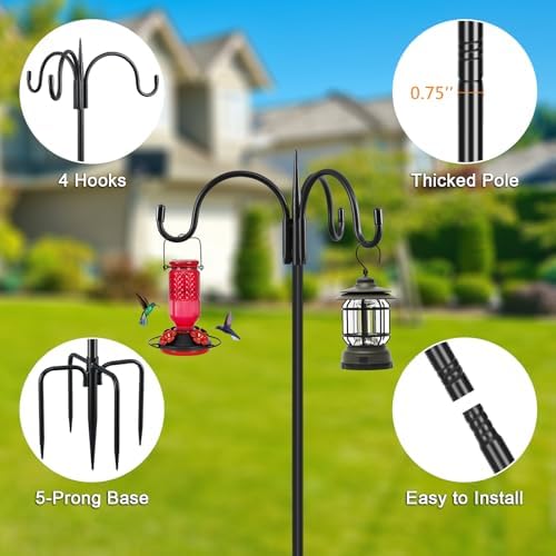 Heavy Duty Shepherds Hook 76" Triple Hooks - Metal 5-Prong Base, Adjustable (44/60/76") - 17lb Capacity Bird, alternate view