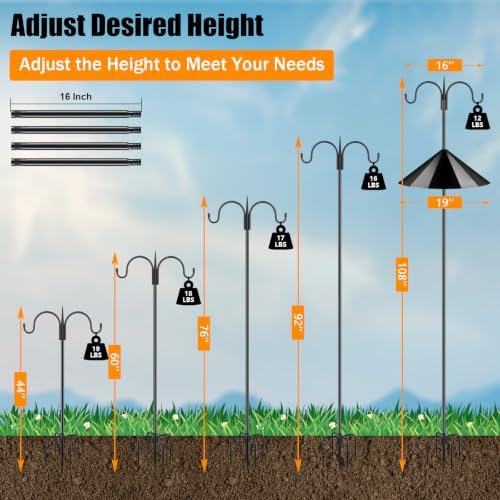 Heavy Duty Shepherds Hook Squirrel-Proof Bird Feeder Pole 108" Double Hooks 5-Prong Base & 19" Baffle for, alternate view 3