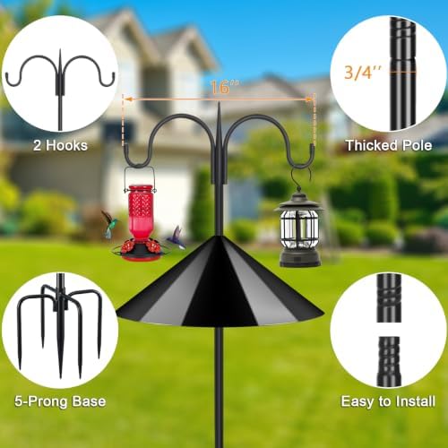 Heavy Duty Shepherds Hook Squirrel-Proof Bird Feeder Pole 92" Double Hooks 5-Prong Base & 19" Baffle for Outdoor, alternate