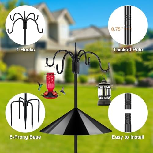 Heavy Duty Shepherds Hook Squirrel-Proof Bird Feeder Pole 92" Four Hooks 5-Prong Base & 19" Baffle for Outdoor, alternate