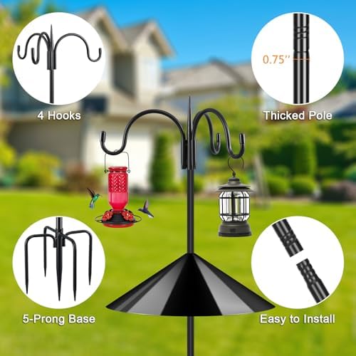 Heavy Duty Shepherds Hook Squirrel-Proof Bird Feeder Pole 92" Triple Hooks 5-Prong Base & 19" Baffle for Outdoor, alternate