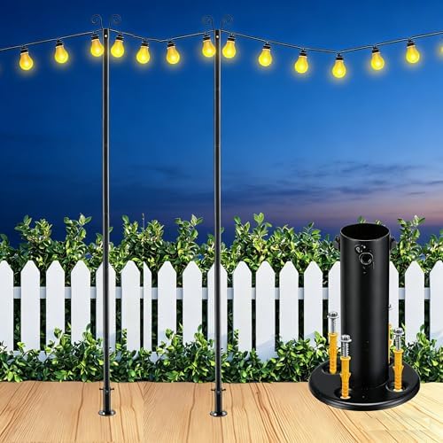 Heavy Duty String Light Poles 8 FT (2 Pack) - Outdoor Patio Deck Light Poles for Outside with Anchor Base and