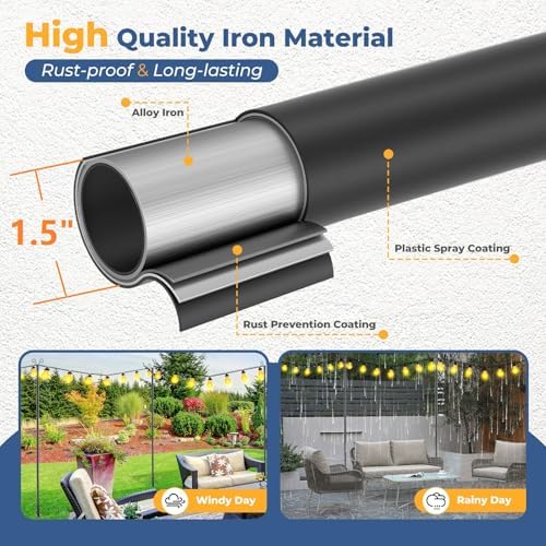 Heavy Duty String Light Poles 8 FT (2 Pack) - Outdoor Patio Deck Light Poles for Outside with Anchor Base and, alternate view