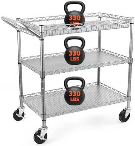 Heavy Duty Utility Cart, 990Lbs Capacity 3 Tier Rolling Carts with Wheels, Kitchen Cart on Wheels with Storage