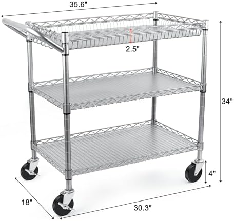 Heavy Duty Utility Cart, 990Lbs Capacity 3 Tier Rolling Carts with Wheels, Kitchen Cart on Wheels with Storage, alternate