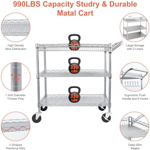 Heavy Duty Utility Cart, 990Lbs Capacity 3 Tier Rolling Carts with Wheels, Kitchen Cart on Wheels with Storage, alternate