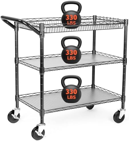 Heavy Duty Utility Cart, 990Lbs Capacity 3 Tier Rolling Carts with Wheels, Kitchen Cart on Wheels with Storage