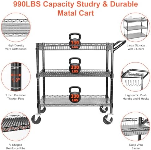 Heavy Duty Utility Cart, 990Lbs Capacity 3 Tier Rolling Carts with Wheels, Kitchen Cart on Wheels with Storage, alternate