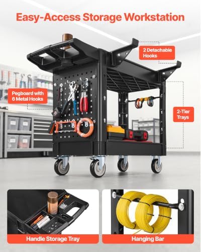 Heavy Duty Utility Cart with Tray & Pegboard, 550 LBS 2 Tier Service Cart with 360° Swivel & Fixed Wheels (2, alternate view