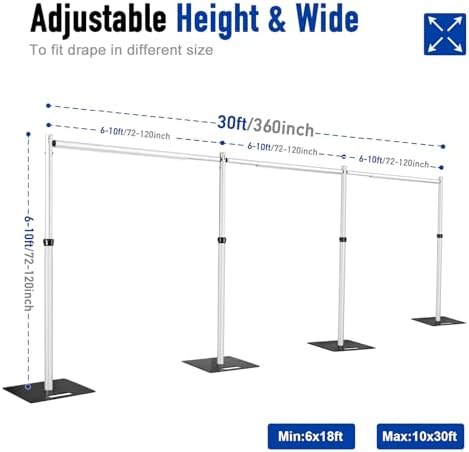 Hecis 10x30Ft Pipe and Drape Stand, Heavy Duty Backdrop Stand, 6-10' Tall x 10-30' Wide Adjustable Pipe and, alternate view 2