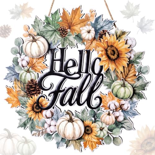 Hello Fall Door Sign Wreath Wooden Fall Autumn Decor Sign 3D Hollow Maple Leaf Pumpkin Front Door Hanger Wall