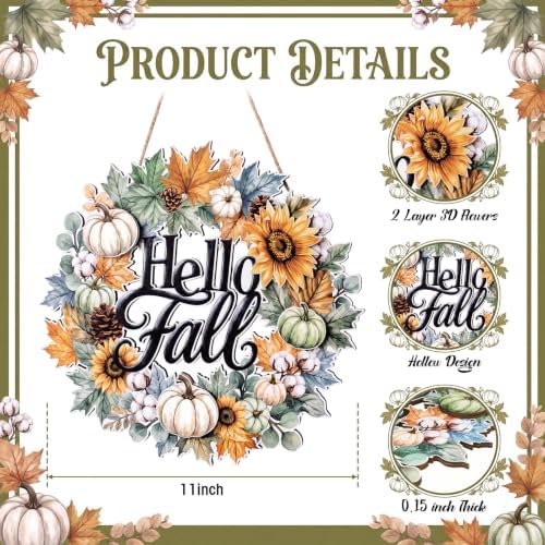 Hello Fall Door Sign Wreath Wooden Fall Autumn Decor Sign 3D Hollow Maple Leaf Pumpkin Front Door Hanger Wall, alternate view