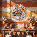 Hello Fall Door Sign Wreath Wooden Fall Autumn Decor Sign 3D Hollow Maple Leaf Pumpkin Front Door Hanger Wall, alternate view