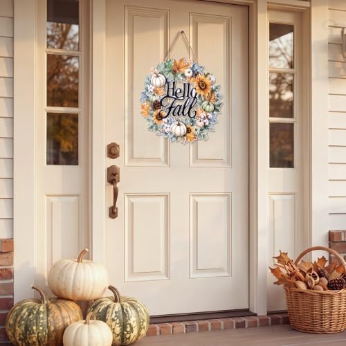 Hello Fall Door Sign Wreath Wooden Fall Autumn Decor Sign 3D Hollow Maple Leaf Pumpkin Front Door Hanger Wall, alternate view
