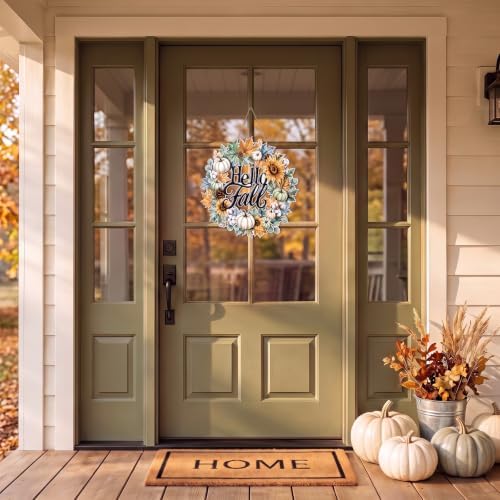 Hello Fall Door Sign Wreath Wooden Fall Autumn Decor Sign 3D Hollow Maple Leaf Pumpkin Front Door Hanger Wall, alternate view