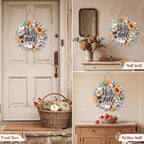 Hello Fall Door Sign Wreath Wooden Fall Autumn Decor Sign 3D Hollow Maple Leaf Pumpkin Front Door Hanger Wall, alternate view