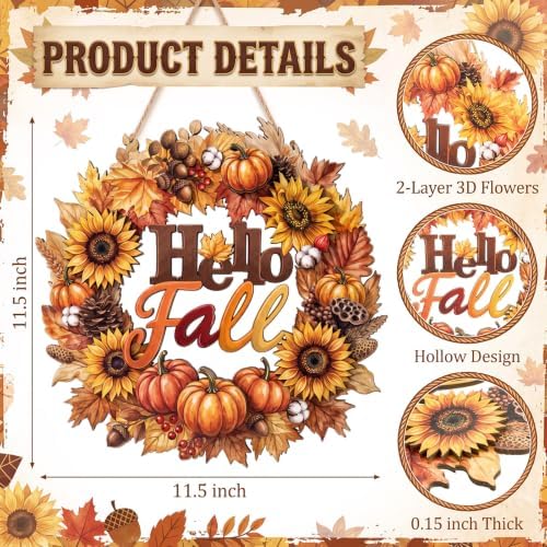 Hello Fall Door Sign Wreath Wooden Fall Autumn Decorations Sign, alternate view 2