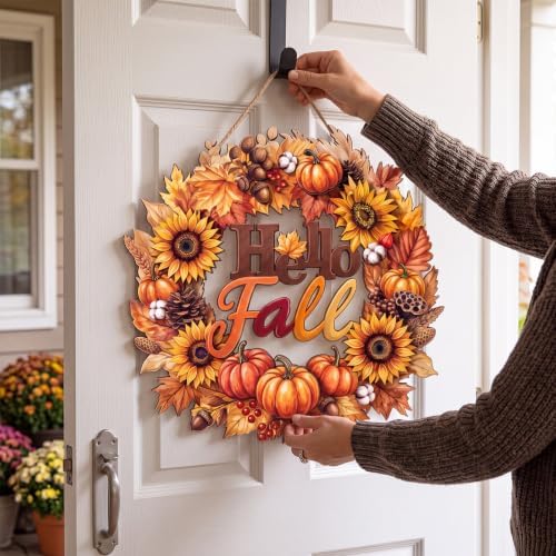Hello Fall Door Sign Wreath Wooden Fall Autumn Decorations Sign, alternate view 3