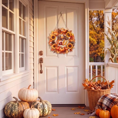 Hello Fall Door Sign Wreath Wooden Fall Autumn Decorations Sign, alternate view 5