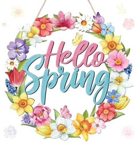 Hello Spring Door Sign Door Wreath Wooden Spring Decor Sign Hollow Flower Welcome Hanging Signs Rustic Farmhouse