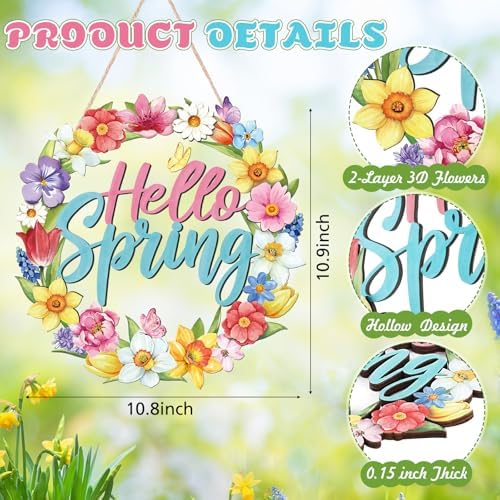 Hello Spring Door Sign Door Wreath Wooden Spring Decor Sign Hollow Flower Welcome Hanging Signs Rustic Farmhouse, alternate