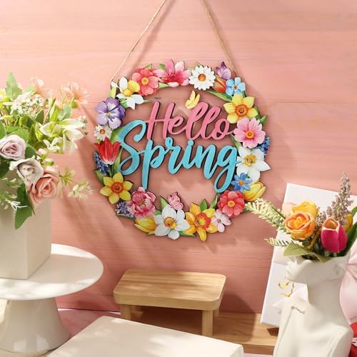 Hello Spring Door Sign Door Wreath Wooden Spring Decor Sign Hollow Flower Welcome Hanging Signs Rustic Farmhouse, alternate