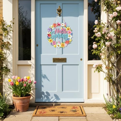Hello Spring Door Sign Door Wreath Wooden Spring Decor Sign Hollow Flower Welcome Hanging Signs Rustic Farmhouse, alternate