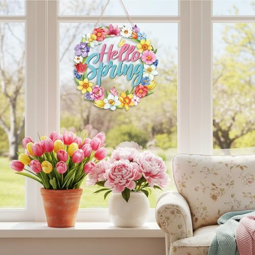 Hello Spring Door Sign Door Wreath Wooden Spring Decor Sign Hollow Flower Welcome Hanging Signs Rustic Farmhouse, alternate