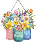 Hello Spring Summer Welcome Sign for Front Door Spring Flower with Jar Colorful Hanging Wreath 11.8"x11.8"