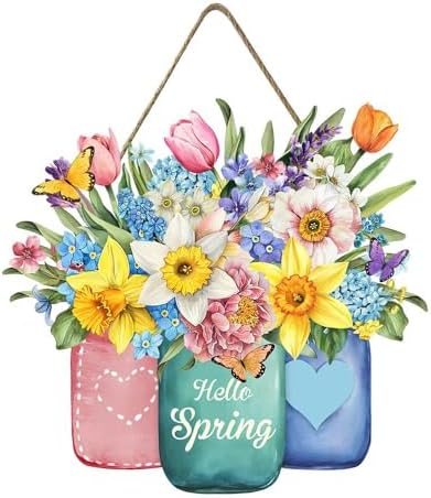 Hello Spring Summer Welcome Sign for Front Door Spring Flower with Jar Colorful Hanging Wreath 11.8"x11.8"