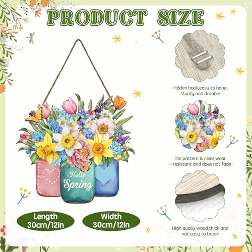 Hello Spring Summer Welcome Sign for Front Door Spring Flower with Jar Colorful Hanging Wreath 11.8"x11.8", alternate view 2