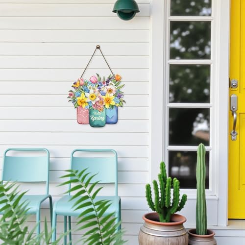 Hello Spring Summer Welcome Sign for Front Door Spring Flower with Jar Colorful Hanging Wreath 11.8"x11.8", alternate view 3