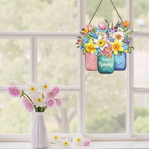 Hello Spring Summer Welcome Sign for Front Door Spring Flower with Jar Colorful Hanging Wreath 11.8"x11.8", alternate view 4