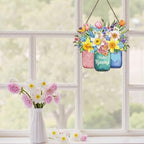 Hello Spring Summer Welcome Sign for Front Door Spring Flower with Jar Colorful Hanging Wreath 11.8"x11.8", alternate view 4
