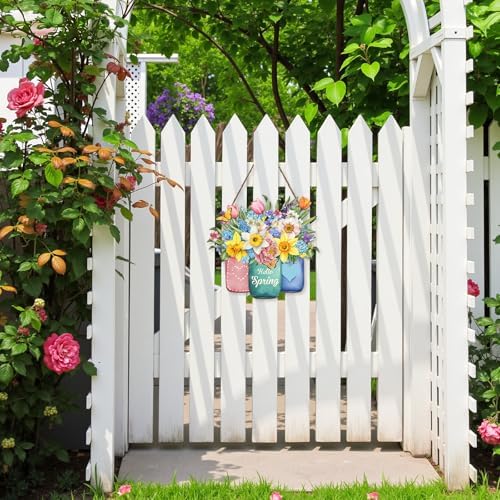 Hello Spring Summer Welcome Sign for Front Door Spring Flower with Jar Colorful Hanging Wreath 11.8"x11.8", alternate view 5
